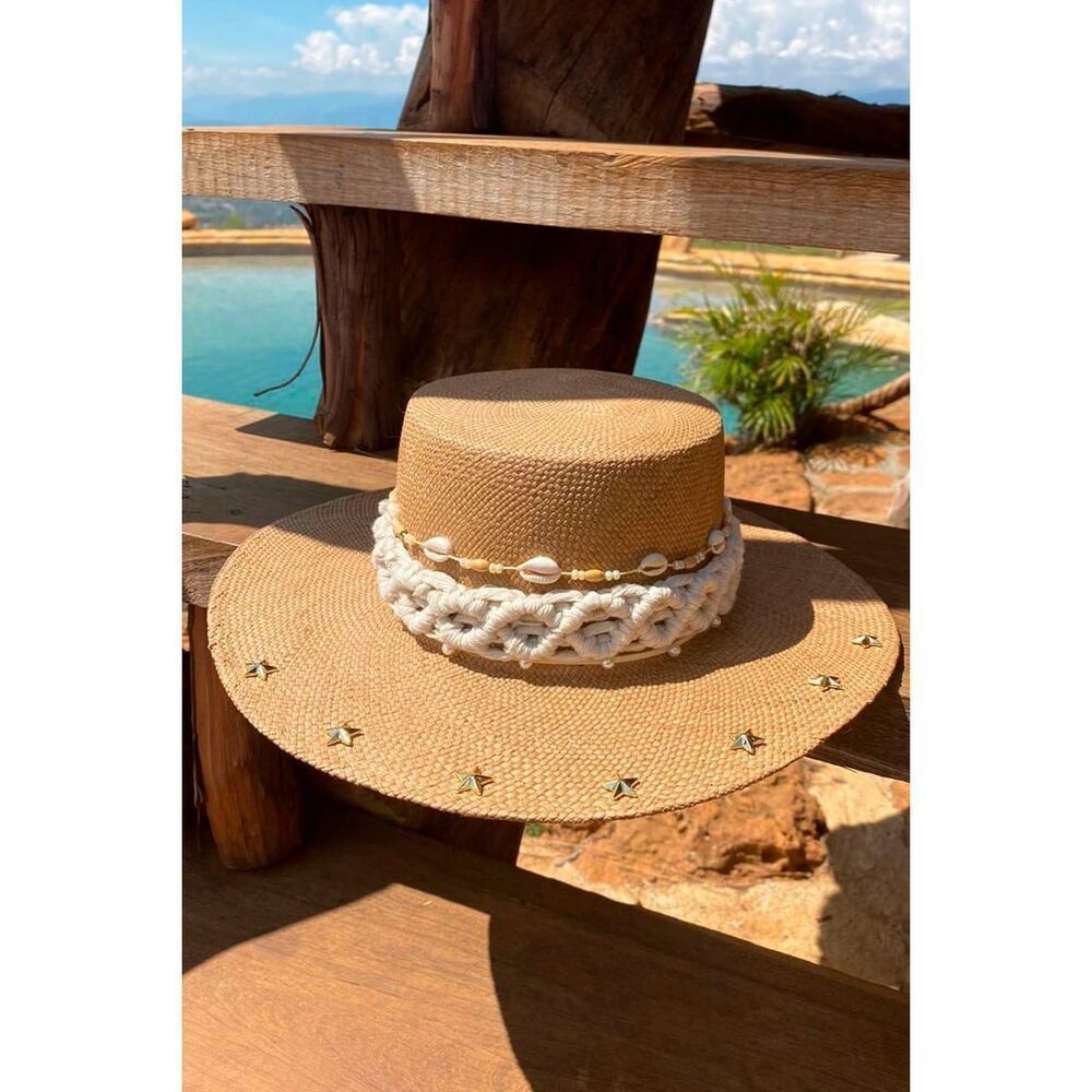 New Colombian Embellished Straw Flat Hat Size Large Boho